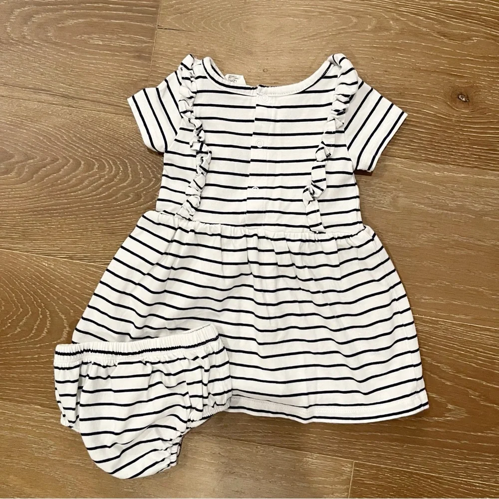 Starting Out Baby Girl White Blue Ruffled Stripped Dress Outfit Size 12 Months
